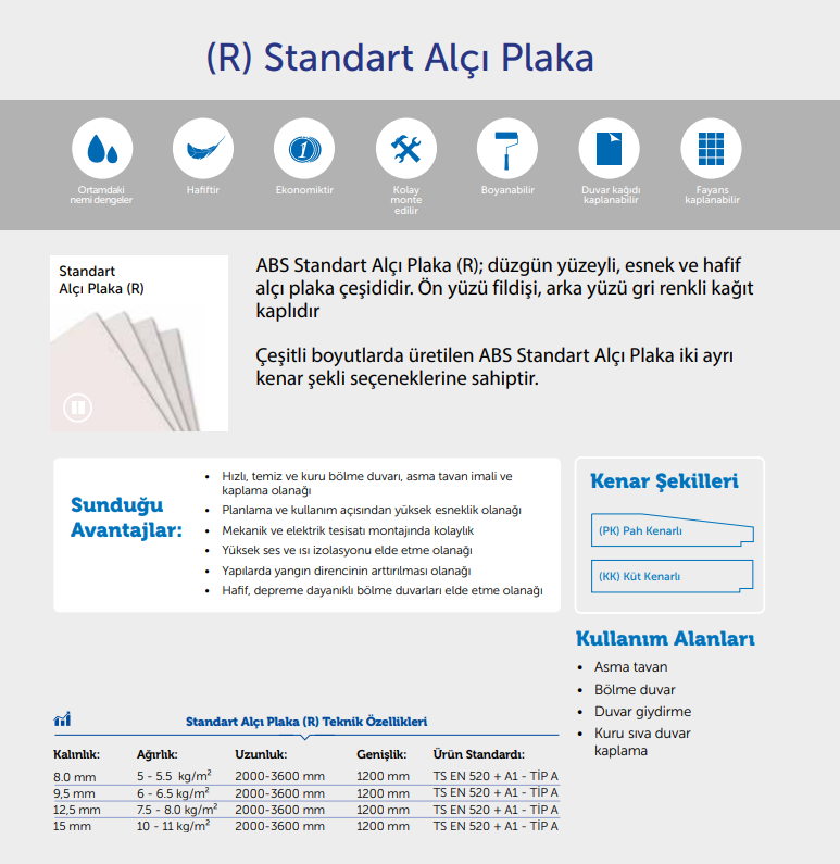 Standart Alçı Plaka Özellik